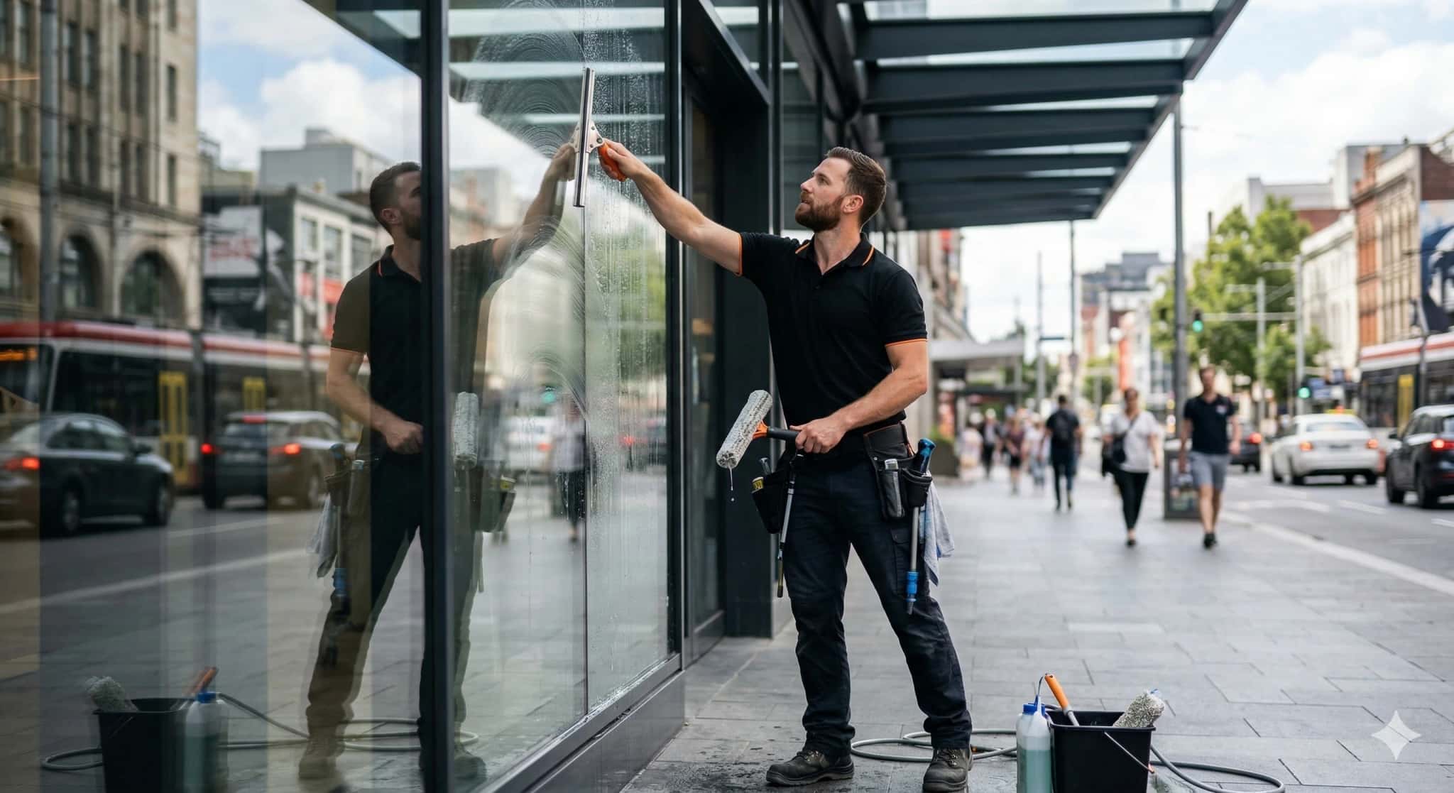 Illustrative storefront window cleaning