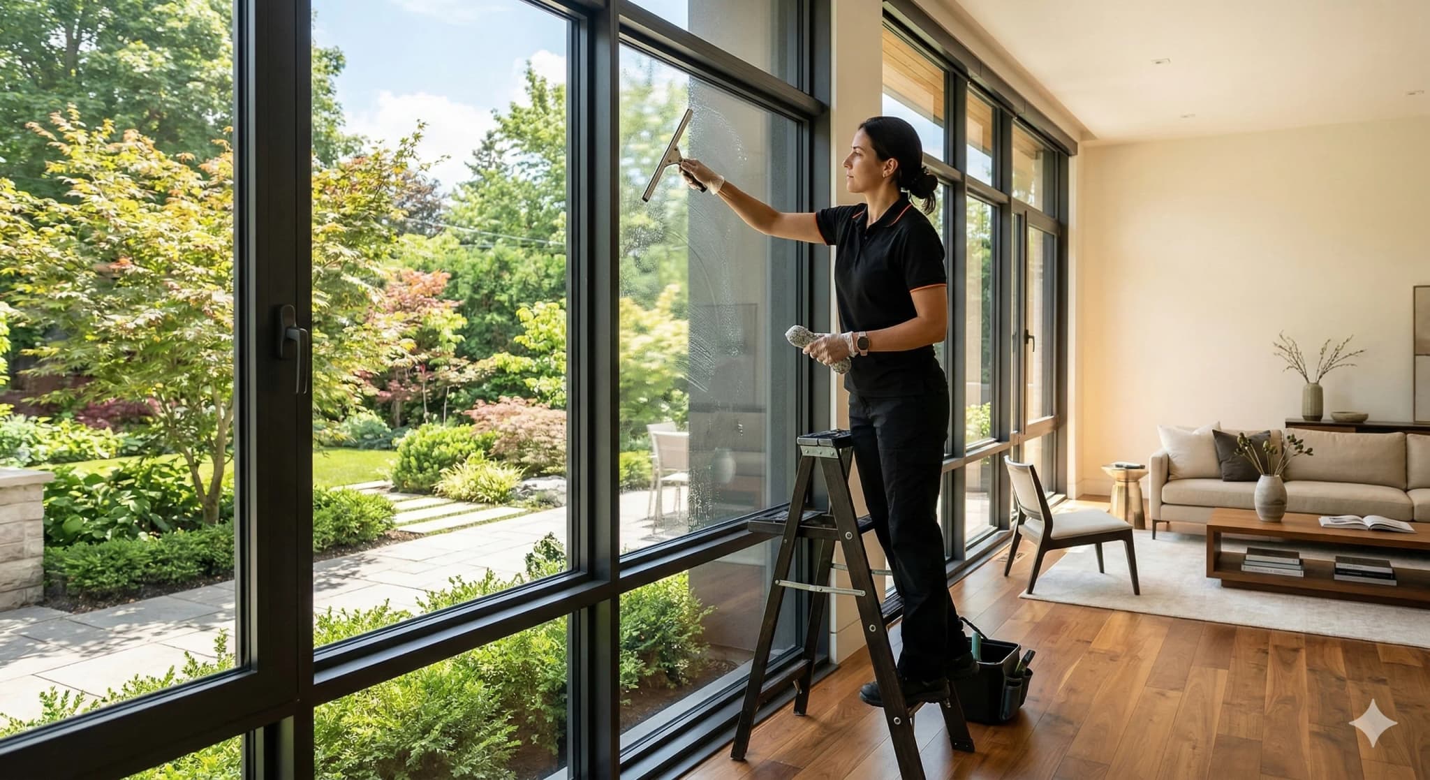 Interior window cleaning in luxury home
